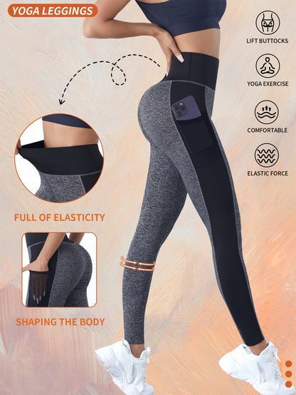 [1pc Women'S High Waist Yoga Leggings] 1pc Women'S High Waist Yoga Leggings with Contrast Color Pocket, Soft Stretchable Polyester Knit Sports Pants, Breathable Activewear for All Seasons