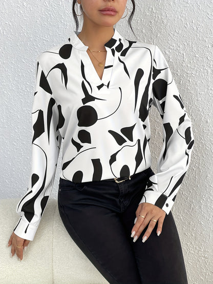 Geo Print V Neck Blouse, Casual Long Sleeve Blouse For Spring & Fall, Women's Clothing