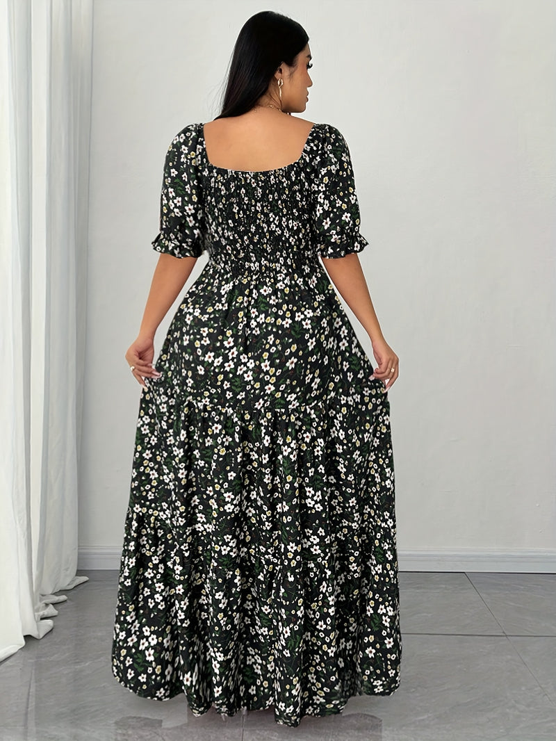 Women's Summer Square Neck Elastic Waist Floral Print Puff Sleeve A-Line Maxi Dress - Lightweight Breathable Machine Washable Plus Size Flowy Long Dress for Beach Vacation & Casual Outings, Beach Dresses