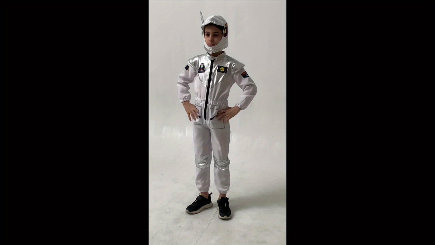 Boy's Cartoon Astronaut Cosplay Costume, Halloween Dress Up One-piece Jumpsuit & Hat, Kid's Dress Up Outfit For Carnival Party Performance