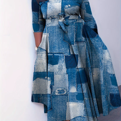 Elegante vestido de poliéster de talla grande con cinturón: cuello redondo elástico cómodo, estilo informal para el fin de semana, dobladillo recto, silueta grande con bolsillos, manga corta, tejido de punto jersey para primavera, verano y otoño.