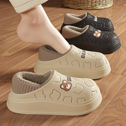 Cute Bear Waterproof Slippers, Cozy &amp; Warm Plush Lined Slip On Shoes, Winter Indoor &amp; Outdoor Slippers