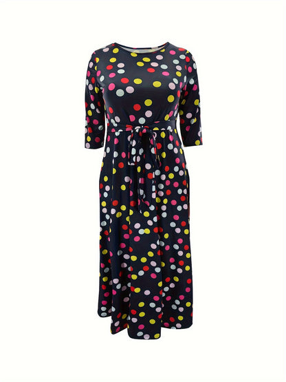 Elegante vestido de poliéster de talla grande con cinturón: cuello redondo elástico cómodo, estilo informal para el fin de semana, dobladillo recto, silueta grande con bolsillos, manga corta, tejido de punto jersey para primavera, verano y otoño.