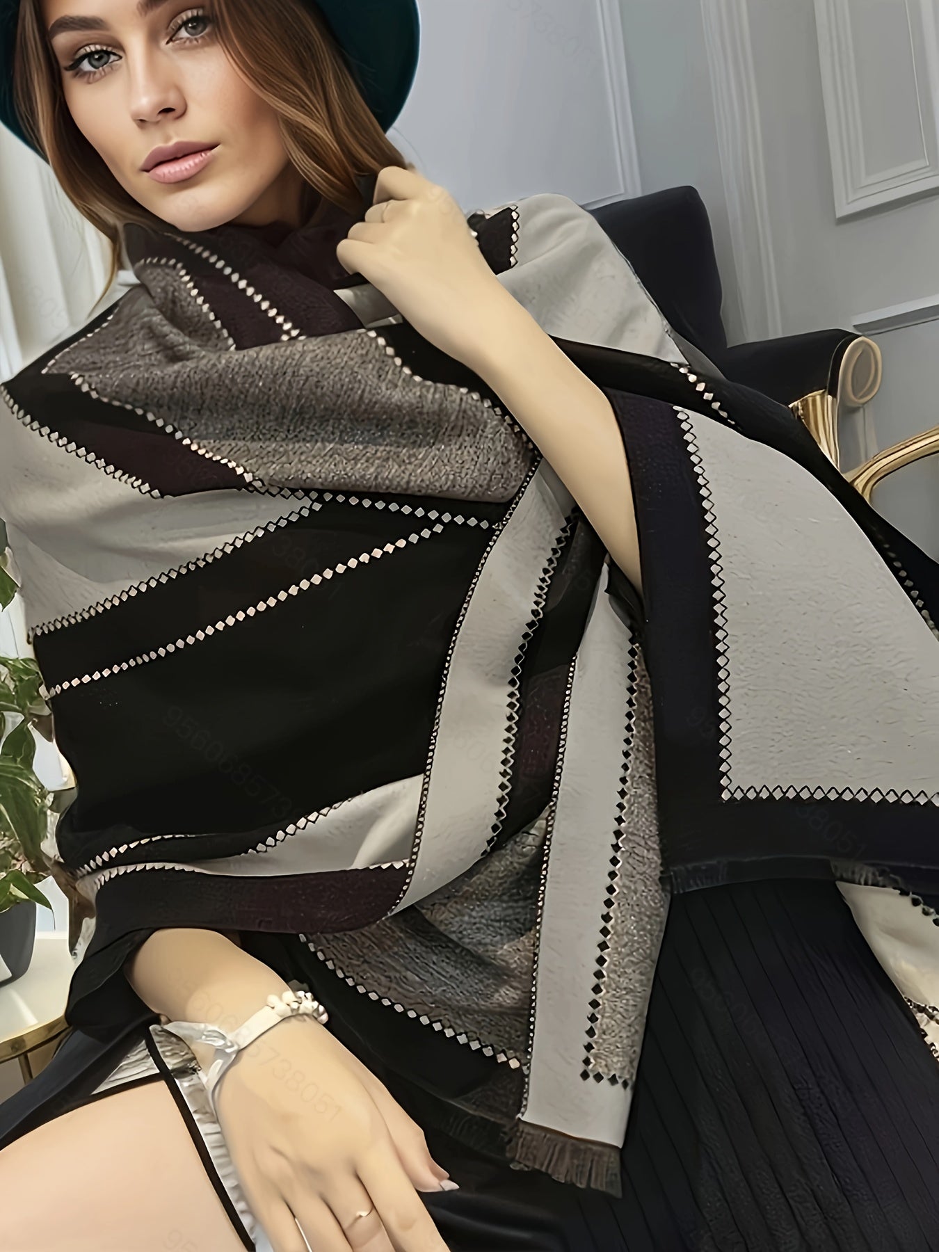 Plus Size Geometric Pattern Large Scarf, Soft Cozy Color Block Linen Shawl For Fall & Winter, Women's Plus Size Clothing