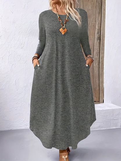 Plus Size Solid Color Dress, Casual Long Sleeve Crew Neck Dress for Spring & Fall, Women's Plus Size Clothing