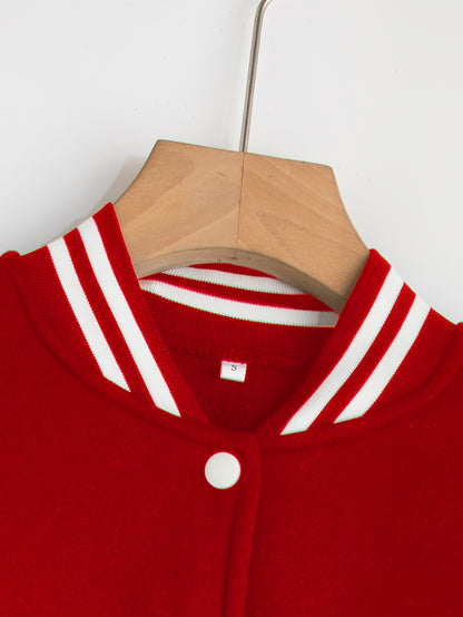 Chic Plus Size Women's Baseball Jacket - Casual Fall/Winter Coat with Letter Print, Button-Up Front, Machine Washable