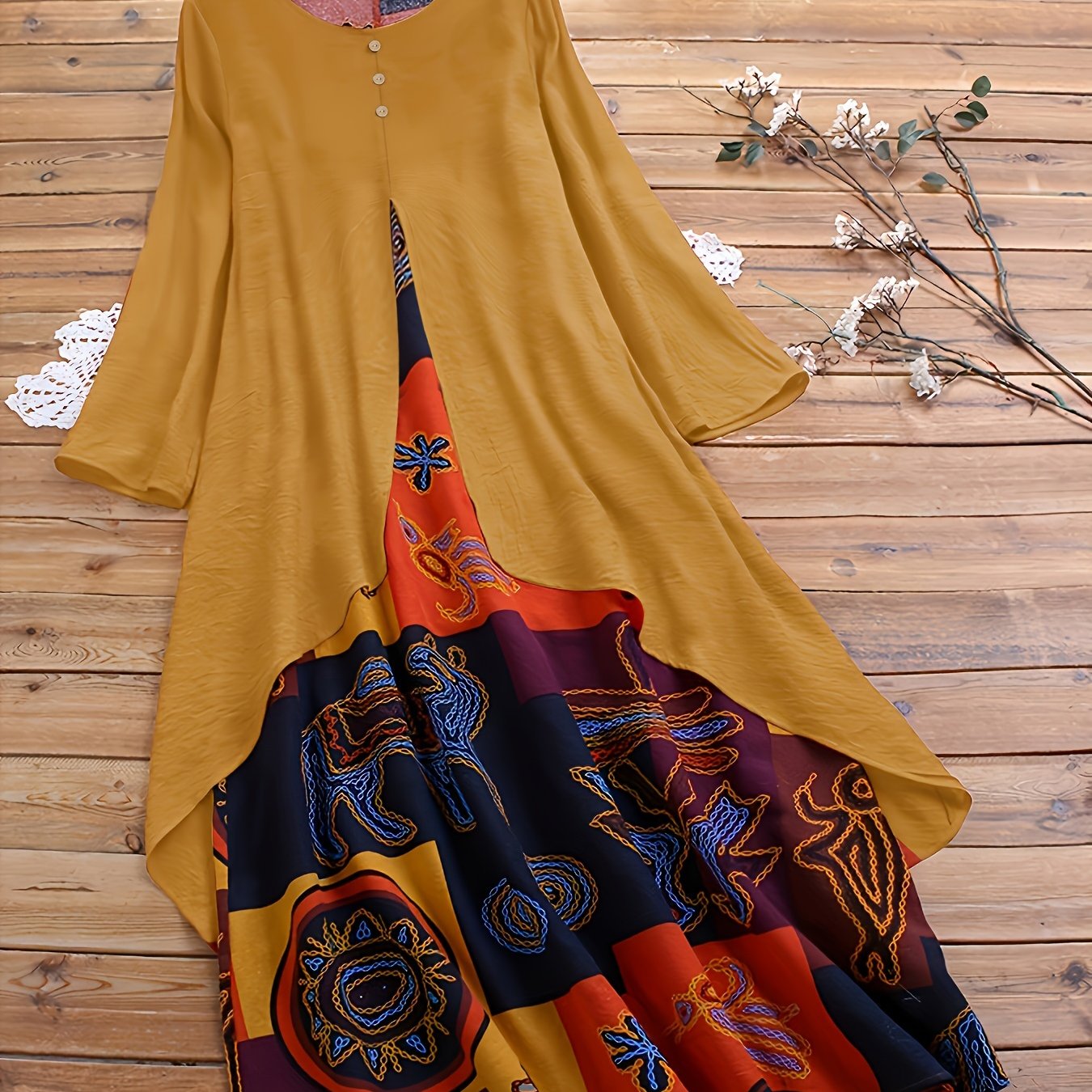 Plus Size 2-in-1 Graphic Print Dress, Casual Button Decor Crew Neck Long Sleeve Dress For Spring, Women's Plus Size Clothing