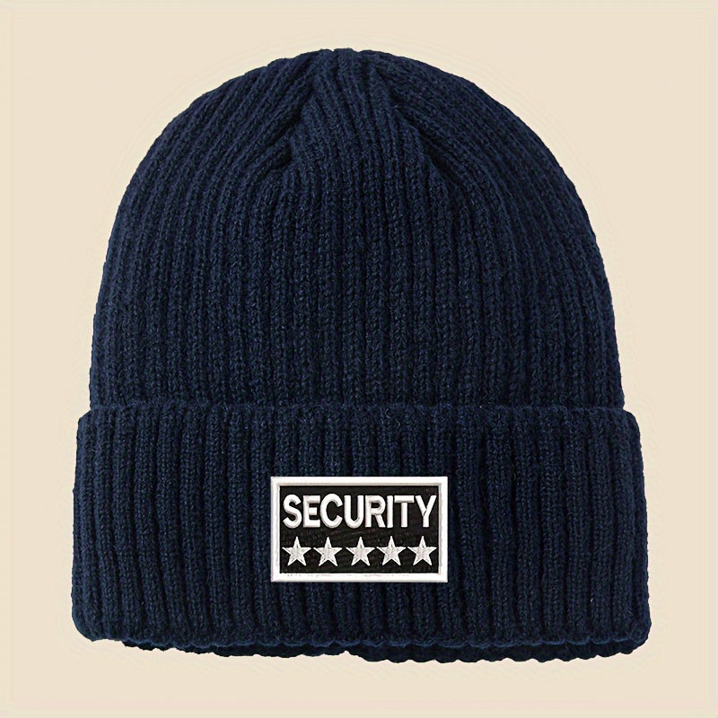 Unisex Security Embroidered Knit Beanie Hat - Acrylic Soft Warm Ribbed Winter Skull Cap with Fleece Lining for Men & Women