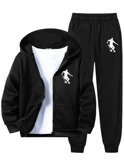 Kids' Soccer Player Print Hooded Tracksuit Set - Polyester Hoodie and Sweatpants with Zipper, Long Sleeve, Casual Geometric Pattern, Slight Stretch Fabric for Daily Wear and Jogging, Fall/Winter Collection for Boys and Girls,