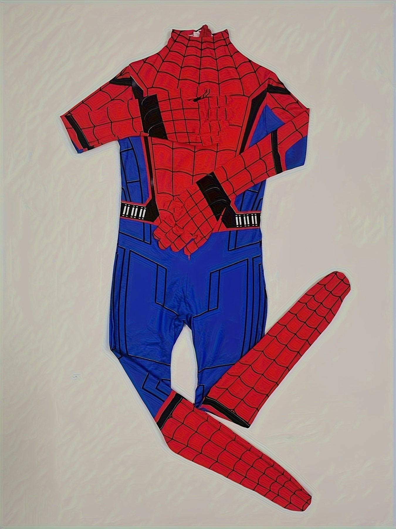 Boy's Creative Movie Character Outfit, Spider Web Pattern Bodysuit + Mask Set, Suitable For Stage Performance, Halloween And Carnival Party
