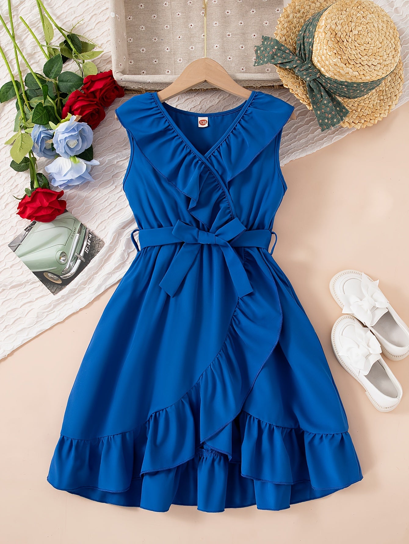 HWMFSNHFZ Elegant Girls Solid Ruffle Trim Sleeveless Belted Dress Summer Clothes Party