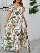 Women'S Plus Size Off-the-Shoulder Tropical Print Jumpsuit with Short Sleeves, Split Hem, and Floral Accents - Ideal for Beach, Vacation, and Summer Events, Beach Attire|Tropical Print Jumpsuit|Floral Accents, Beach Clothes
