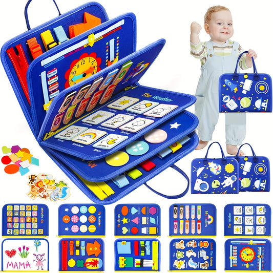 12-in-1 Toddler Busy Board - Sensory & Educational Toy for Motor Skills Development - Learning Activity Book with Zipper, Buckle, Button, Lace for 0+ Years - Ideal Birthday Gift for Boys & Girls