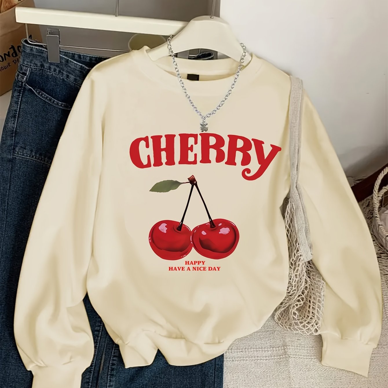 Girls' Vintage Cherry & Letter Print Casual Sweatshirt - Cozy Polyester, Round Neck, Long Sleeve for Fall/Winter