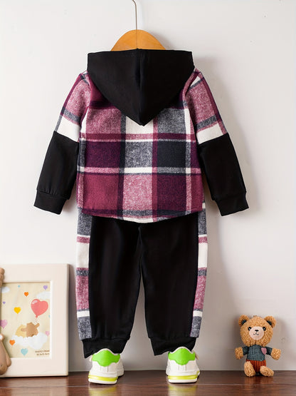 Toddler Baby Boys Stylish Hooded Plaid Long Sleeve Top & Pants Casual Outdoor Set, Winter/fall