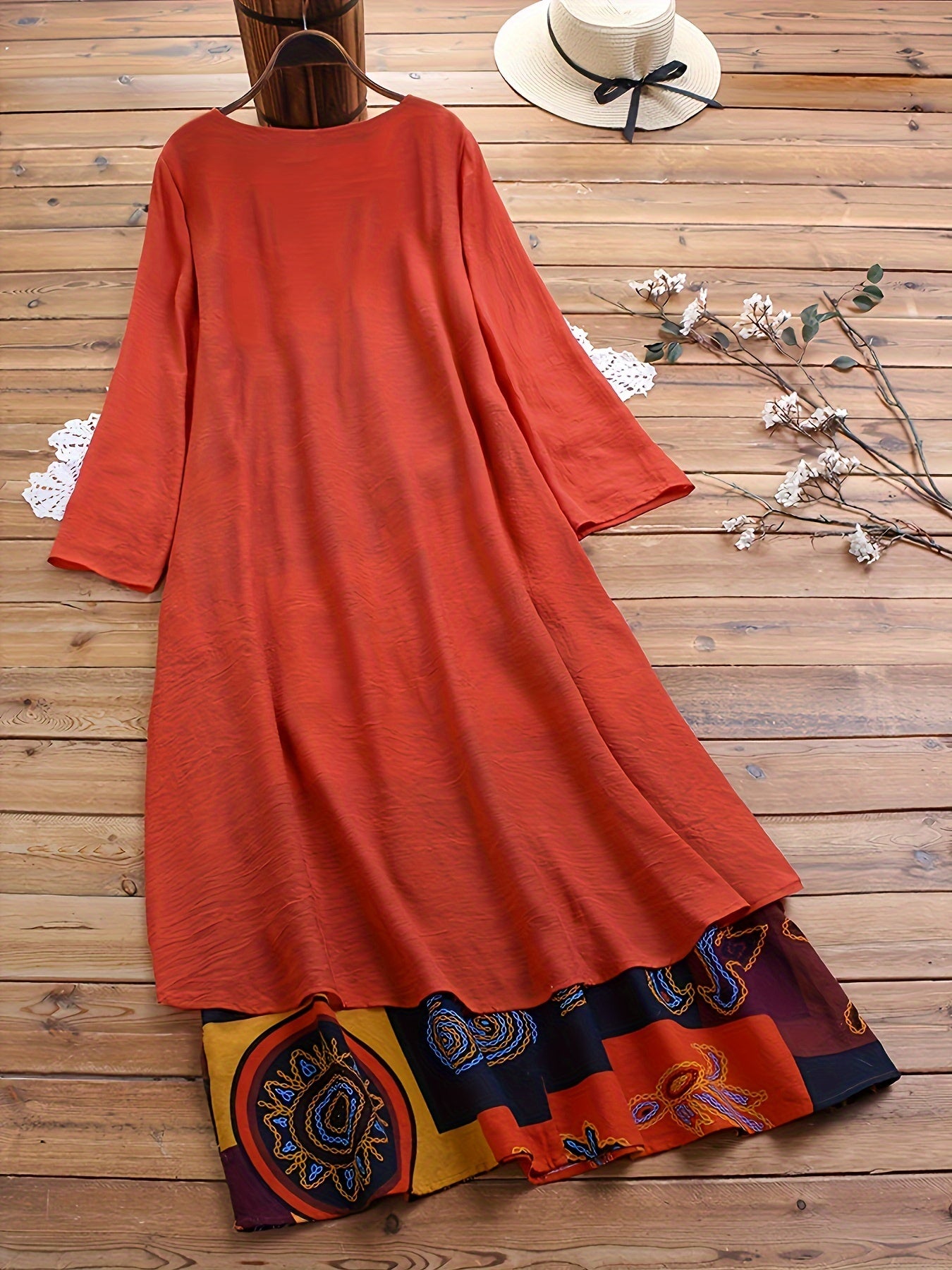 Plus Size 2-in-1 Graphic Print Dress, Casual Button Decor Crew Neck Long Sleeve Dress For Spring, Women's Plus Size Clothing