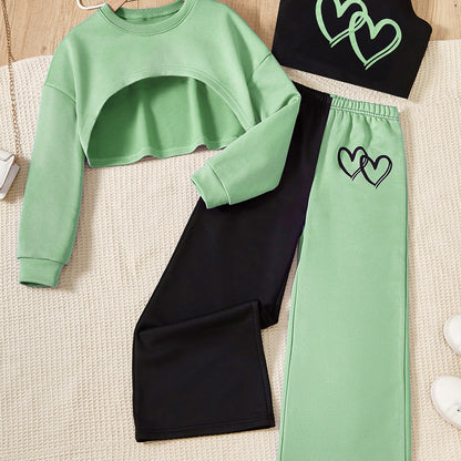 Conjunto para niña: camisola con estampado de corazones, top de manga larga y pantalón de exterior con bloques de color. Conjunto informal de 3 piezas para primavera y otoño. Regalo.