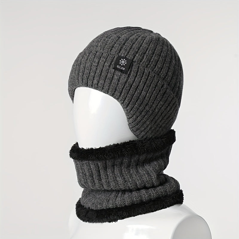 Men's Winter Knit Beanie with Ear Flaps - Thick, Warm & Cozy for Middle-Aged and Elderly - Gray, Autumn, Fleece