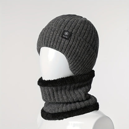 Men's Winter Knit Beanie with Ear Flaps - Thick, Warm & Cozy for Middle-Aged and Elderly - Gray, Autumn, Fleece