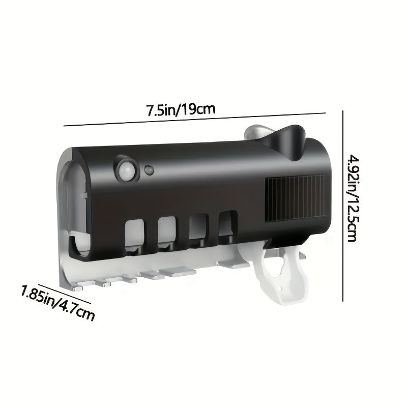 1pc Smart UV Disinfecting Toothbrush Holder with Solar Panel, Wall-Mounted 4-Slot Toothbrush Sanitizer and Squeegee Toothpaste Dispenser, Automatic Power-Off, Bathroom Accessory, No-Drill Installation, USB Rechargeable Lithiu