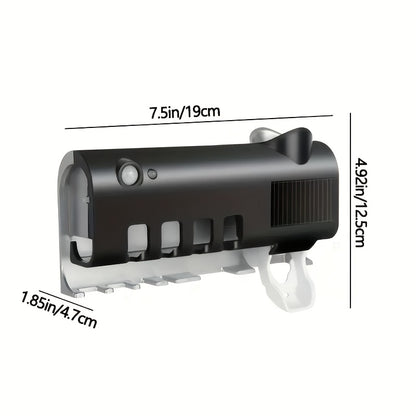 1pc Smart UV Disinfecting Toothbrush Holder with Solar Panel, Wall-Mounted 4-Slot Toothbrush Sanitizer and Squeegee Toothpaste Dispenser, Automatic Power-Off, Bathroom Accessory, No-Drill Installation, USB Rechargeable Lithiu