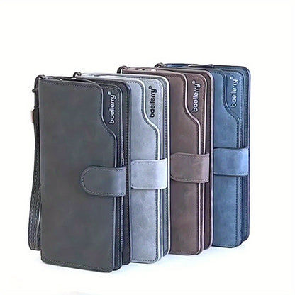 Cartera larga de cuero PU estilo empresarial delgada con correa para la muñeca, tarjetero plegable de gran capacidad