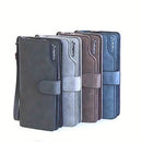 Slim Business Style Long PU Leather Wallet With Wrist Strap, Bi-fold Large Capacity Card Holder
