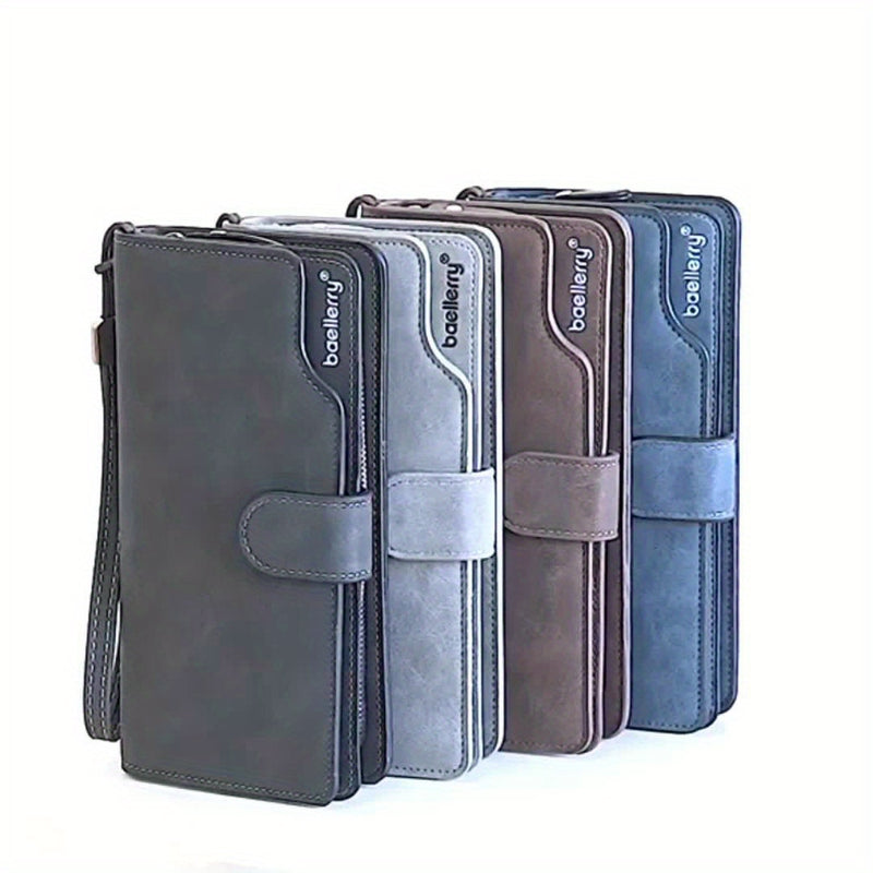 Slim Business Style Long PU Leather Wallet With Wrist Strap, Bi-fold Large Capacity Card Holder