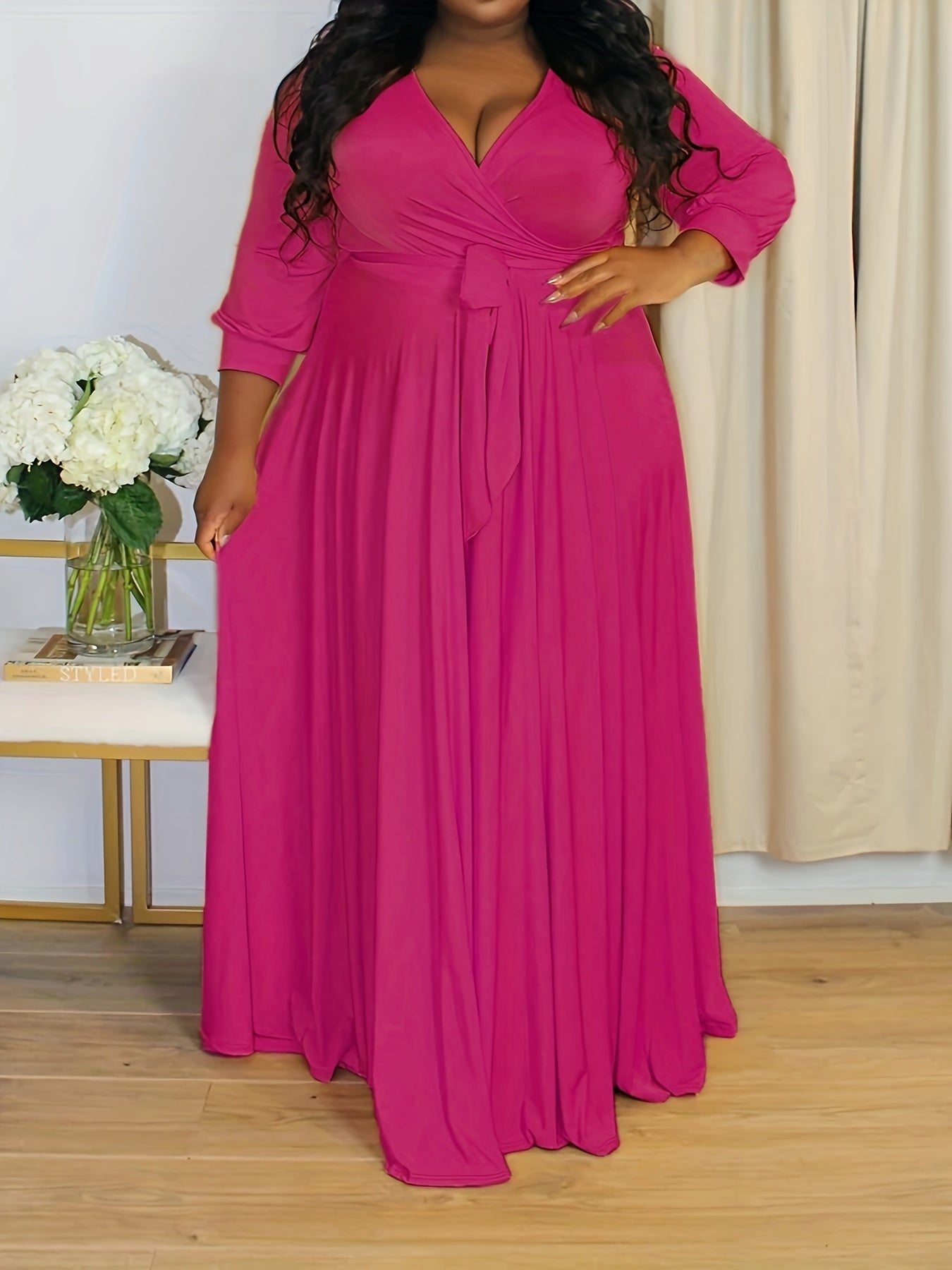 Plus Size Solid Color Tie Waist Dress, Elegant Long Sleeve Surplice Neck Maxi Dress For Spring & Fall, Women's Plus Size Clothing