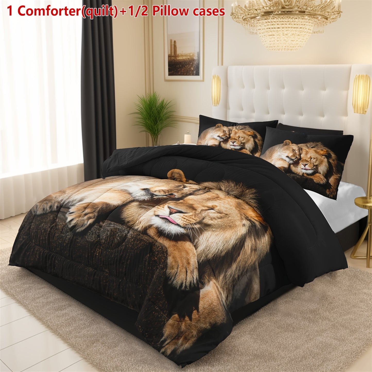 Lion Duvet Cover Set - 2/3 Piece Polyester Comforter with Stain Resistant Feature, Machine Washable, Digital Print, Woven Fabric, Includes 1 Comforter and 1/2 Pillowcases (No Insert)