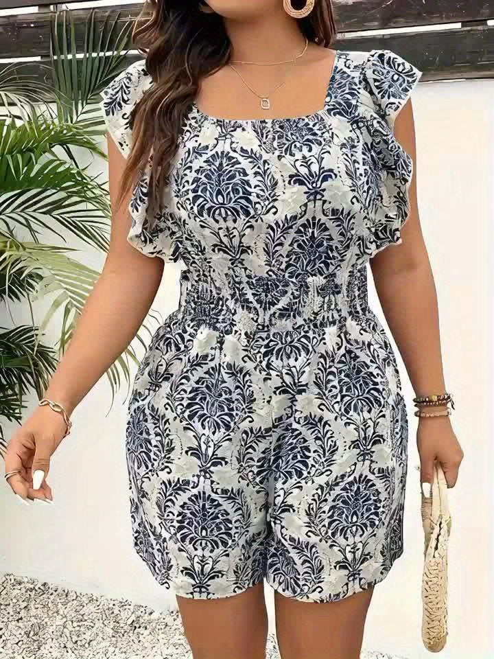 Plus Size Ethnic Print Backless Romper Jumpsuit, Vacation Style Shirred Waist Flutter Sleeve Square Neck Romper Jumpsuit, Women's Plus Size Clothing