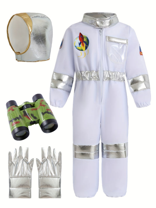 Kids Astronaut Costume, Boys White Hooded Space Suit With Gloves And Binoculars, Halloween Role-Playing Adventure Outfit, Best Gift For Children, Party Style