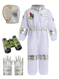 Disfraz de astronauta para niños, traje espacial blanco con capucha, guantes y binoculares, disfraz de Halloween para juegos de rol y aventuras, el mejor regalo para niños, ideal para fiestas.