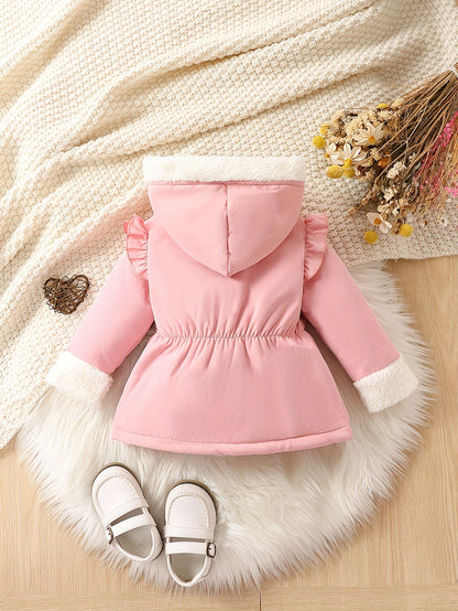 Toddler Kid's Warm Artificial Fleece Hooded Jacket, Lovely Ruffle Decor Outdoor Coat, Baby Girl's Clothing For Fall Winter