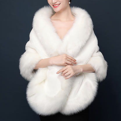 Luxurious Baroque-Style White Faux Fur Shawl - Cozy, Windproof Cape with Large Buttons for Brides & Party Gatherings, Perfect for Fall/Winter Elegance, Wedding Cape