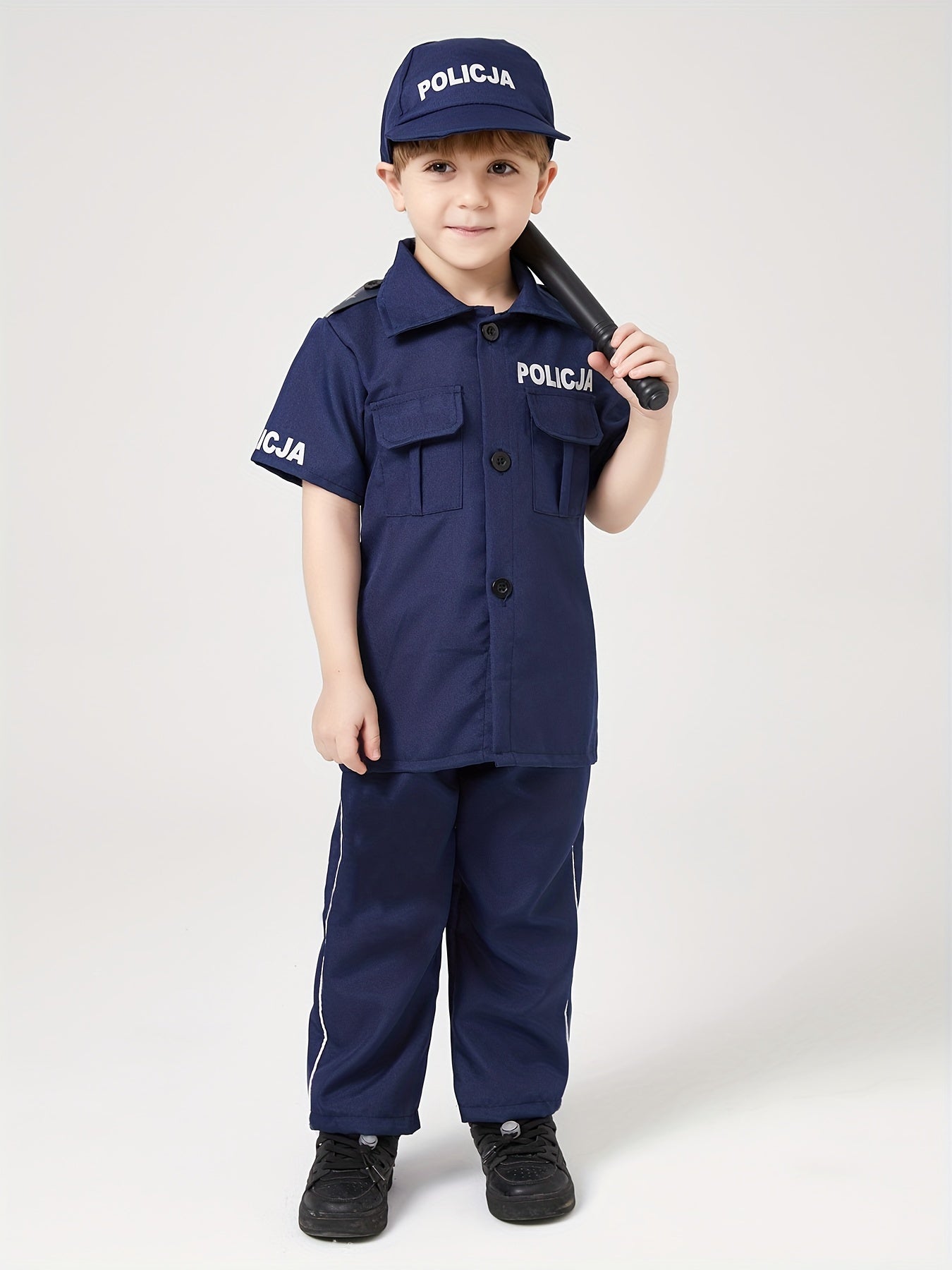 Disfraz de policía para fiesta de temática profesional para niño: camisa de manga corta, pantalón azul marino, gorra y porra a juego. Conjunto de 4 piezas, perfecto para Halloween, carnaval y presentaciones de personajes de películas.