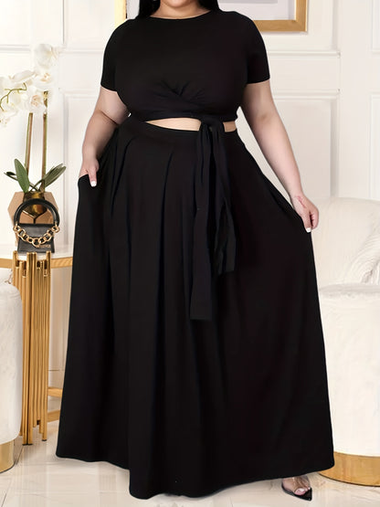 Plus Size Women's Solid Color Cross Tie Maxi Skirt Set, Casual Polyester Knit Dress with Short Sleeves, Round Neck, Pullover, Elastic Fabric, Fashionable Two-Piece Outfit