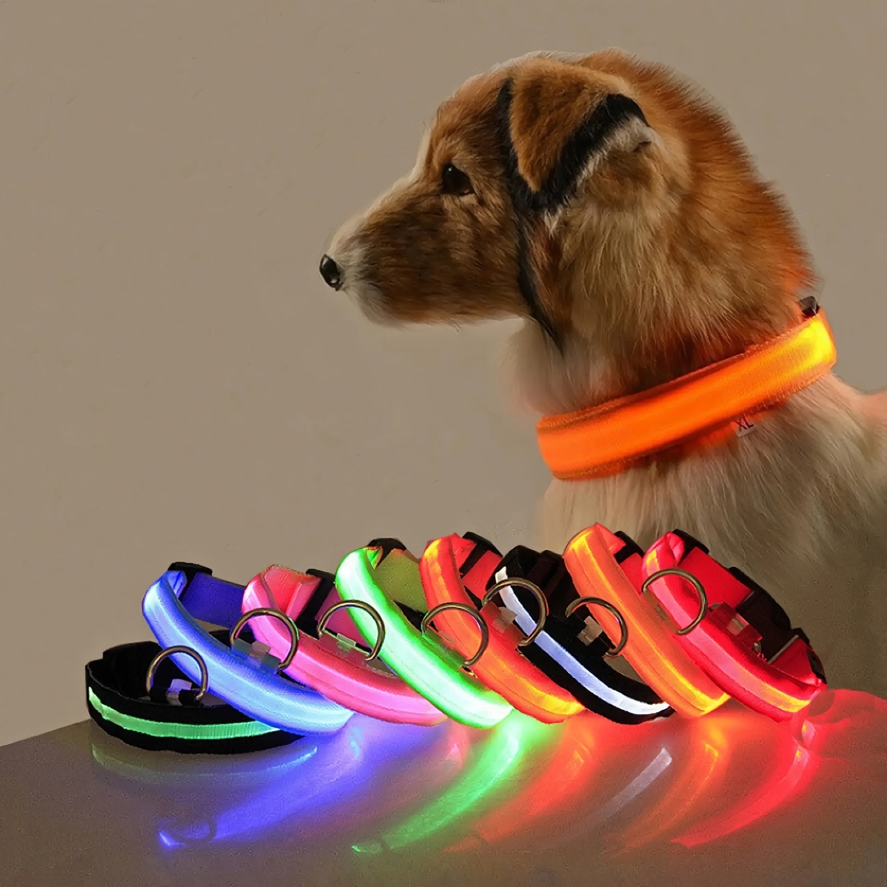 Collar LED que brilla en la oscuridad para perros pequeños y medianos. Mantén a tu mascota segura y visible durante los paseos nocturnos.