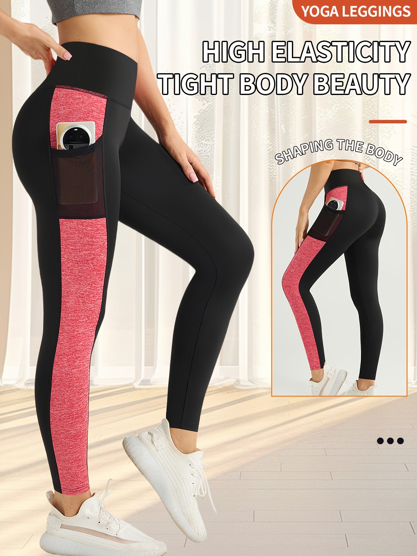 [1pc Women'S High Waist Yoga Leggings] 1pc Women'S High Waist Yoga Leggings with Contrast Color Pocket, Soft Stretchable Polyester Knit Sports Pants, Breathable Activewear for All Seasons
