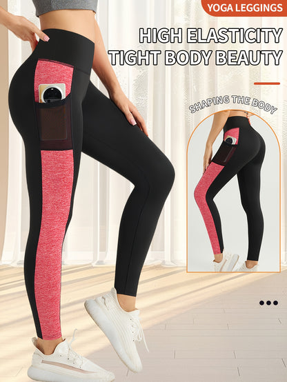 [1pc Women'S High Waist Yoga Leggings] 1pc Women'S High Waist Yoga Leggings with Contrast Color Pocket, Soft Stretchable Polyester Knit Sports Pants, Breathable Activewear for All Seasons