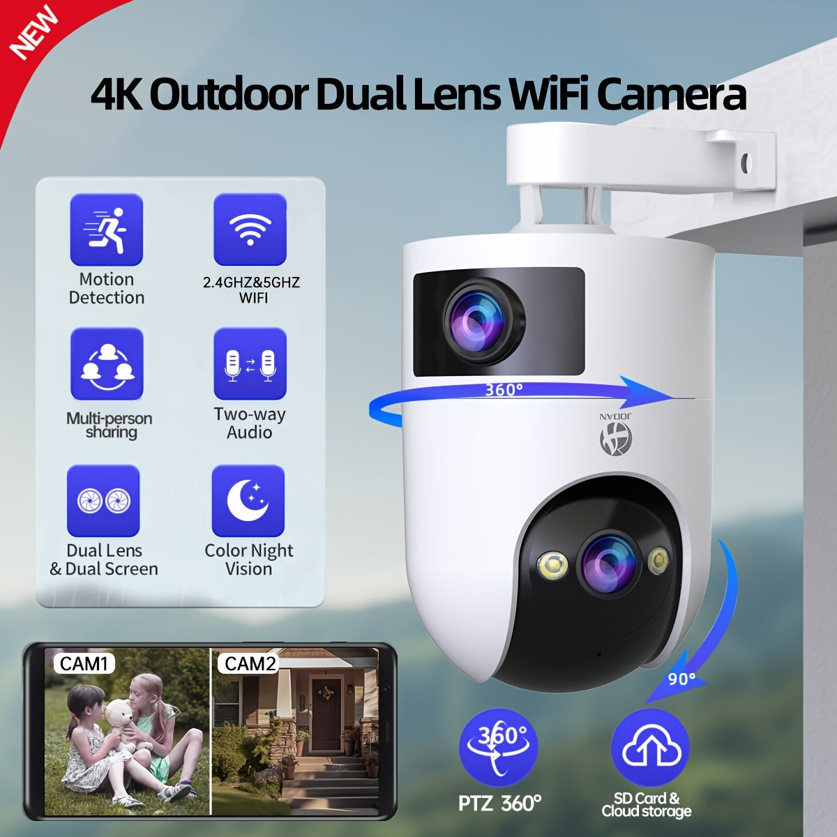 JOOAN 4K Outdoor Dual Lens PTZ WiFi Camera, 5G Compatible, Wall Hanging, 1296p Video, Two-Way Audio, HD Resolution, Application Control, Audio & Motion Alerts, Color Display, USB Power, without Battery, for Security Monitorin