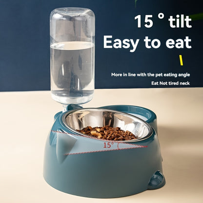 Elevated 2-in-1 Pet Feeder with Automatic Water Dispenser - Non-Slip, Tilted Stainless Steel Bowls for Cats & Dogs