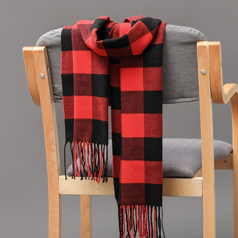 1pc Elegant Plaid Scarf for Men and Women - 100% Polyester, Knitted & Woven, Weekend Casual Style, Warm & Decorative, Inelastic with Fringe Detail, Hand Wash Only