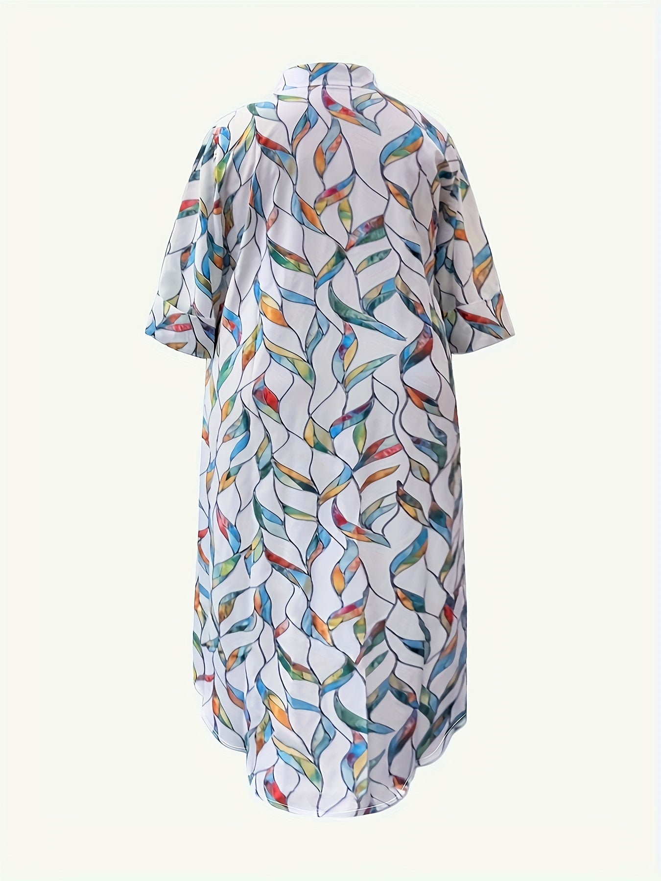Plus Size Casual Printed Shirt Dress with Lapel Collar and Side Slit - Polyester Blend, Slight Stretch, Woven Fabric, Fits All Seasons - LY8744