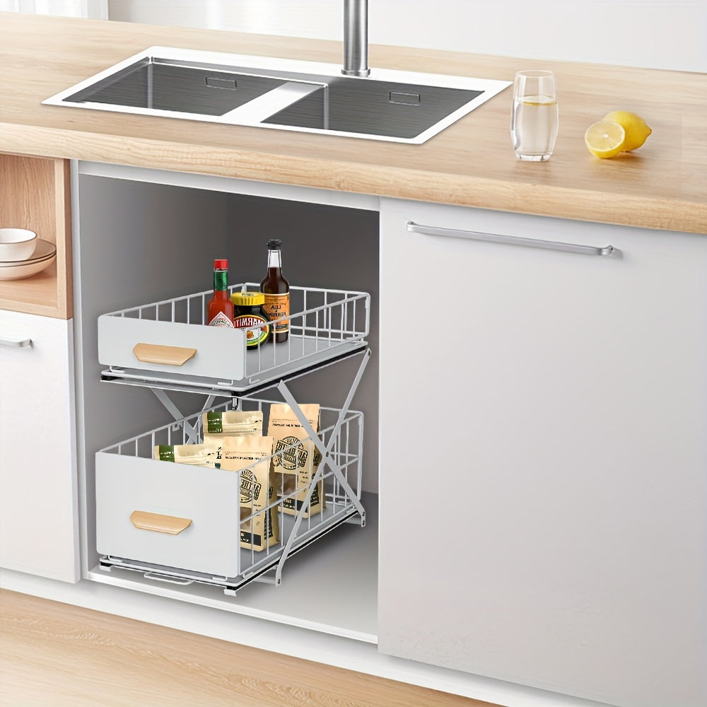 Closet Folding Storage Rack, 2-Layer Pull-Out Spice Rack, Wooden Handle, For Sink Countertop Closet, 26x40x43cm