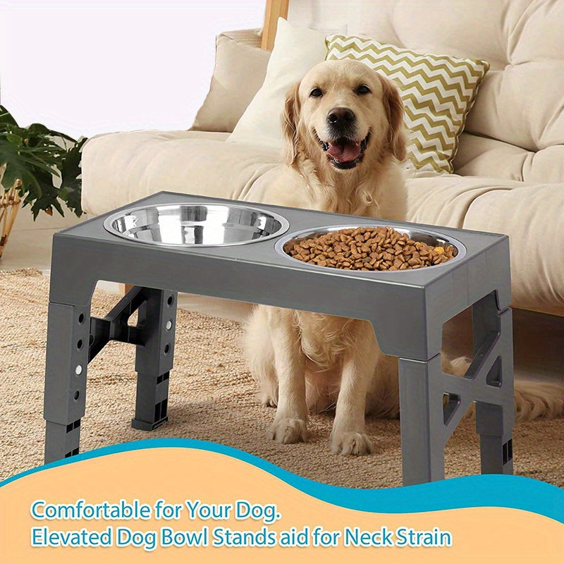 Comederos elevados ajustables para perros pequeños, medianos y grandes. Incluye dos comederos de acero inoxidable para comida y agua. Favorecen una mejor digestión y una mejor postura.