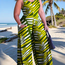 Plus Size, Plus Size Women's Sleeveless V-Neck Geometric Striped Jumpsuit - Wide-Leg Beach Vacation Outfit, Green Yellow White Purple Casual Elegance, Machine Washable All-Season Wear, Beach Clothes, Summer Wardrobe, Elegant