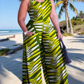 Plus Size, Plus Size Women's Sleeveless V-Neck Geometric Striped Jumpsuit - Wide-Leg Beach Vacation Outfit, Green Yellow White Purple Casual Elegance, Machine Washable All-Season Wear, Beach Clothes, Summer Wardrobe, Elegant