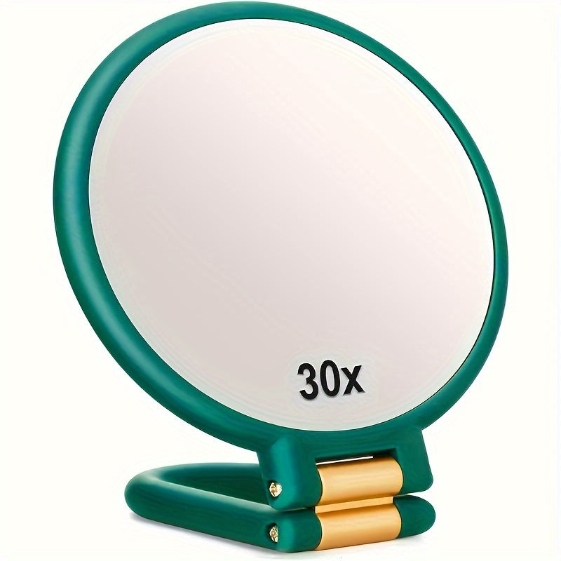 Espejo de maquillaje de mano de doble cara con aumento de 1X/30X y mango ajustable 360°. Diseño portátil y plegable para un cuidado preciso. Ideal para viajes. No necesita pilas. Marco negro con detalles dorados. Mini espejo.