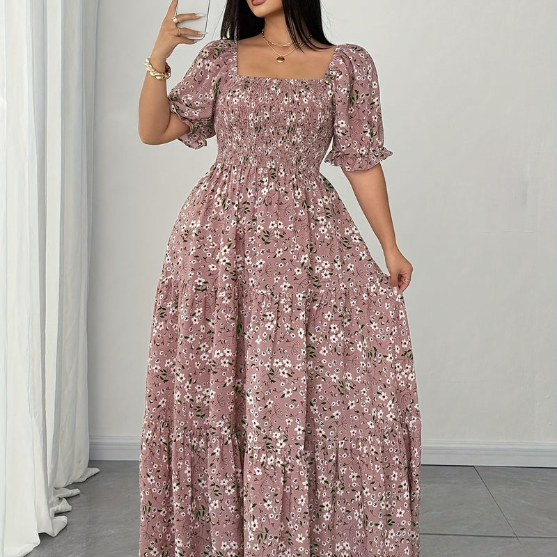 Women's Summer Square Neck Elastic Waist Floral Print Puff Sleeve A-Line Maxi Dress - Lightweight Breathable Machine Washable Plus Size Flowy Long Dress for Beach Vacation & Casual Outings, Beach Dresses